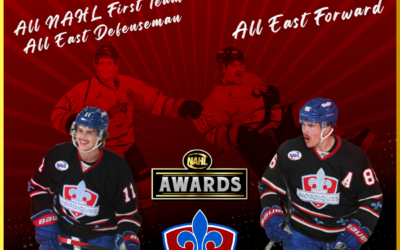 David Helledy and Charles Tardif take home some hardware at the NAHL Awards